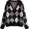 V-Neck Argyle Knit Cardigan Sweater