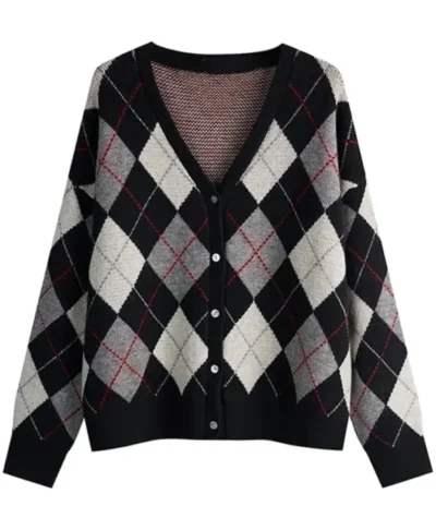 V-Neck Argyle Knit Cardigan Sweater