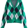 V-Neck Argyle Knit Cardigan Sweater