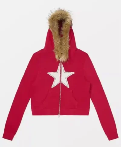 buy Adults S02 Amita Rao Red Star Print Fur Hooded Jacket