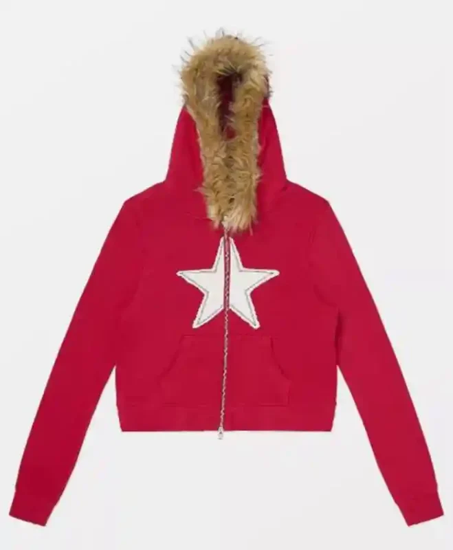 buy Adults S02 Amita Rao Red Star Print Fur Hooded Jacket