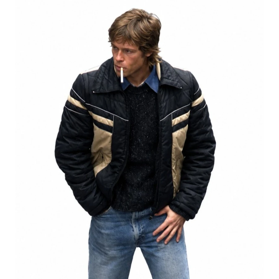 Brad Pitt Black and Cream Puffer Jacket - Image 3