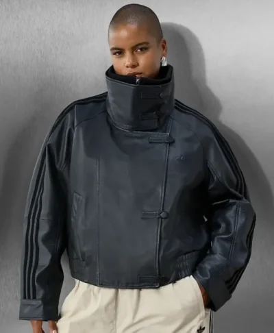 Adidas x Asos Oversized Black Leather Funnel Neck Jacket
