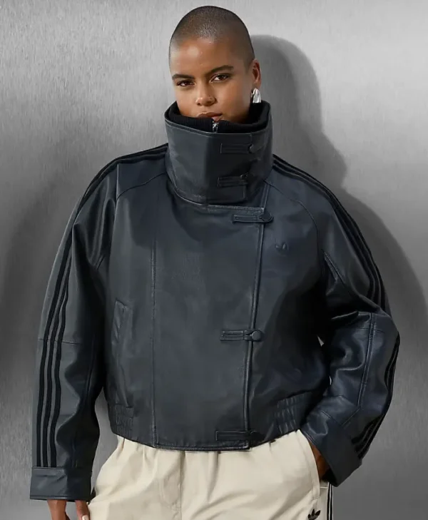 Adidas x Asos Oversized Black Leather Funnel Neck Jacket