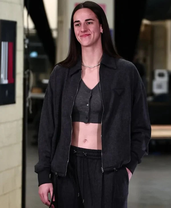 Caitlin Clark WNBA Playoffs Black Leather Jacket
