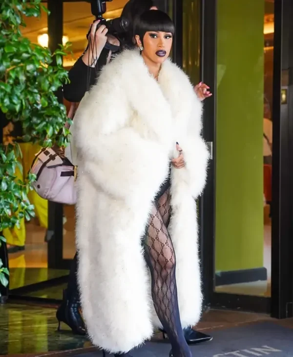 Cardi B Gucci White Faux Fur Coat