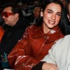 Dua Lipa Yankees Game Red Croc Leather Coat