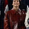 Dua Lipa Yankees Game Red Croc Leather Coat