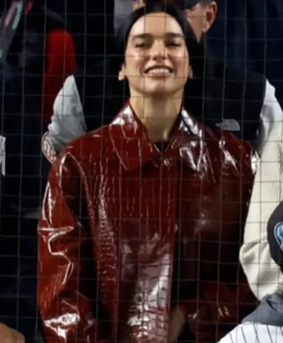Dua Lipa Yankees Game Red Croc Leather Coat