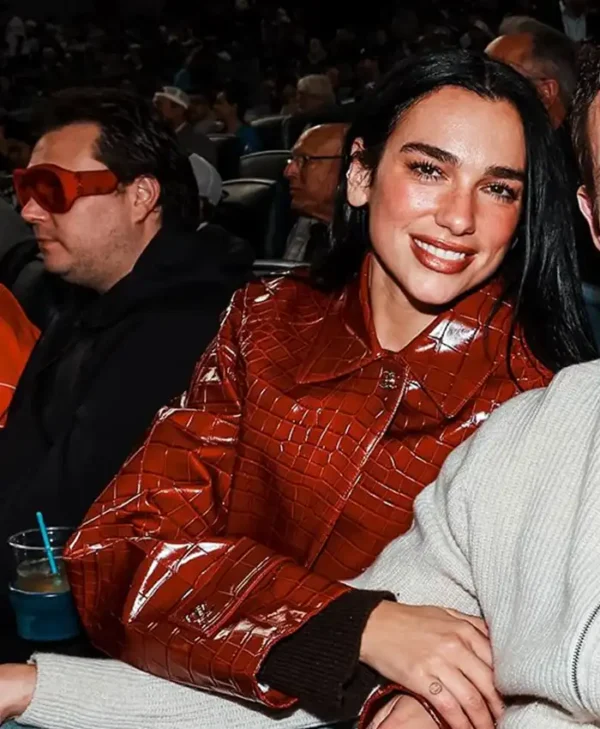 Dua Lipa Yankees Game Red Croc Leather Coat