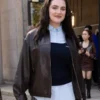 Ella Bright Miu Miu PFW Show Leather Bomber Jacket