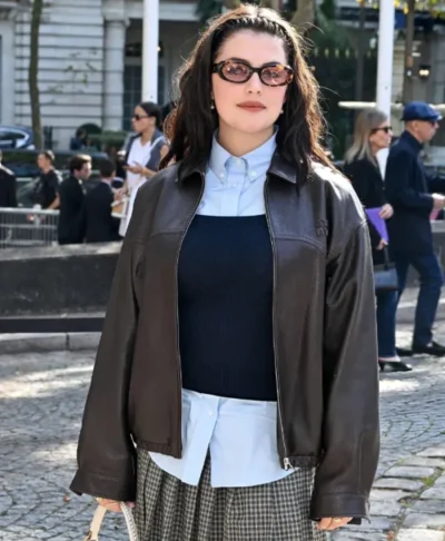 Ella Bright Miu Miu PFW Show Leather Bomber Jacket