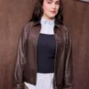 Ella Bright Miu Miu PFW Show Leather Bomber Jacket