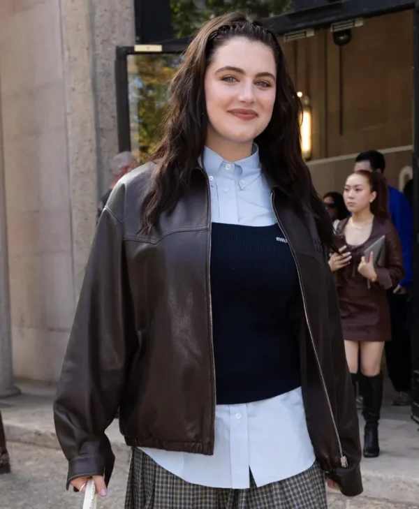 Ella Bright Miu Miu PFW Show Leather Bomber Jacket