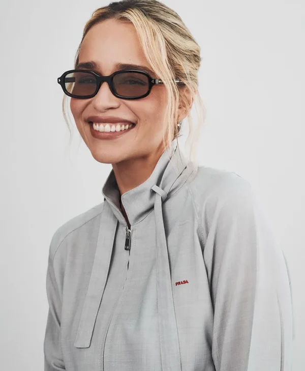 Emilia Clarke Prada SS27 Grey Wool Jacket