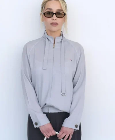 Emilia Clarke Prada SS27 Milan Show Grey Jacket
