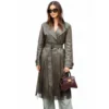 Gemma Chan Olive Fringe Leather Trench Coat