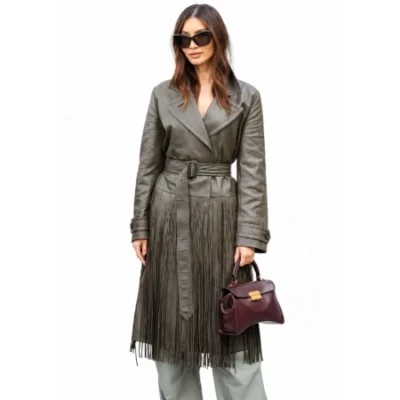 Gemma Chan Olive Fringe Leather Trench Coat