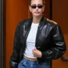 Hailey Bieber Distressed Black Leather Bomber Jacket