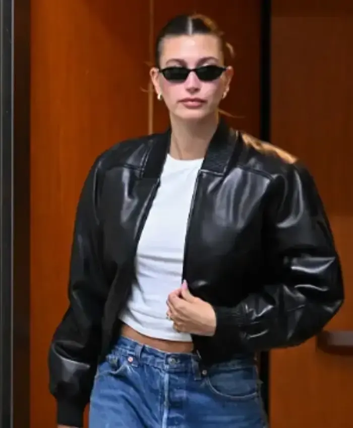 Hailey Bieber Distressed Black Leather Bomber Jacket