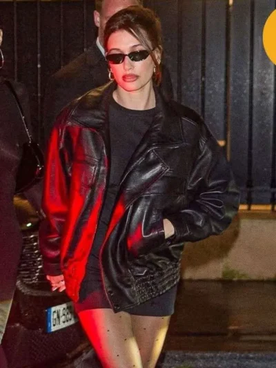 Hailey Bieber PFW 2025 Black Leather Jacket