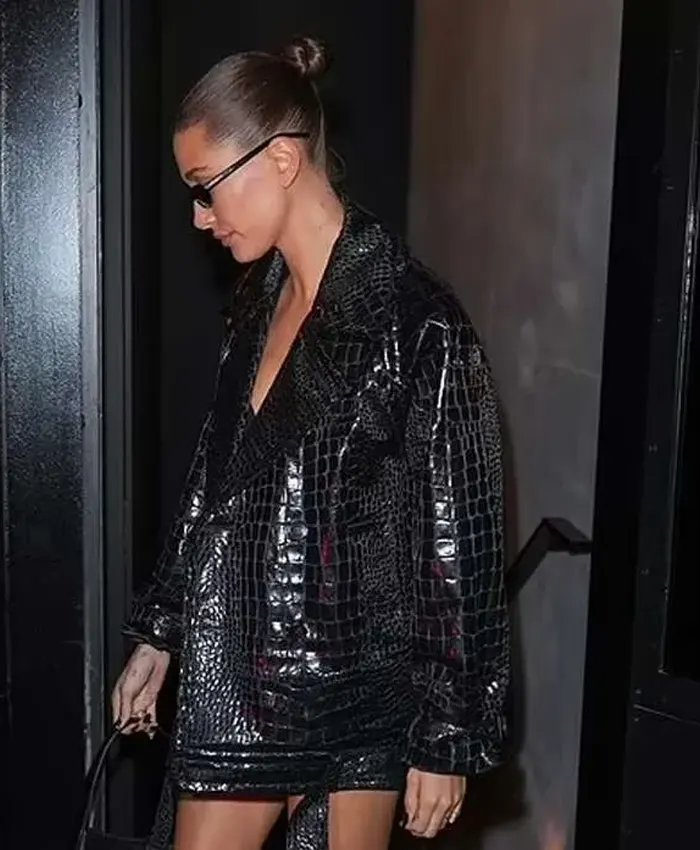 Hailey Bieber PFW Black Real Leather Jacket