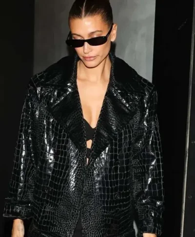 Hailey Bieber Paris Fashion Week Black Leather Jacket
