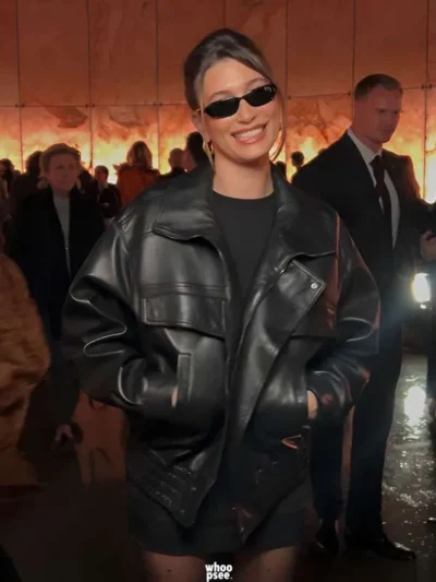 Hailey Bieber Paris Fashion Week Leather Jacket