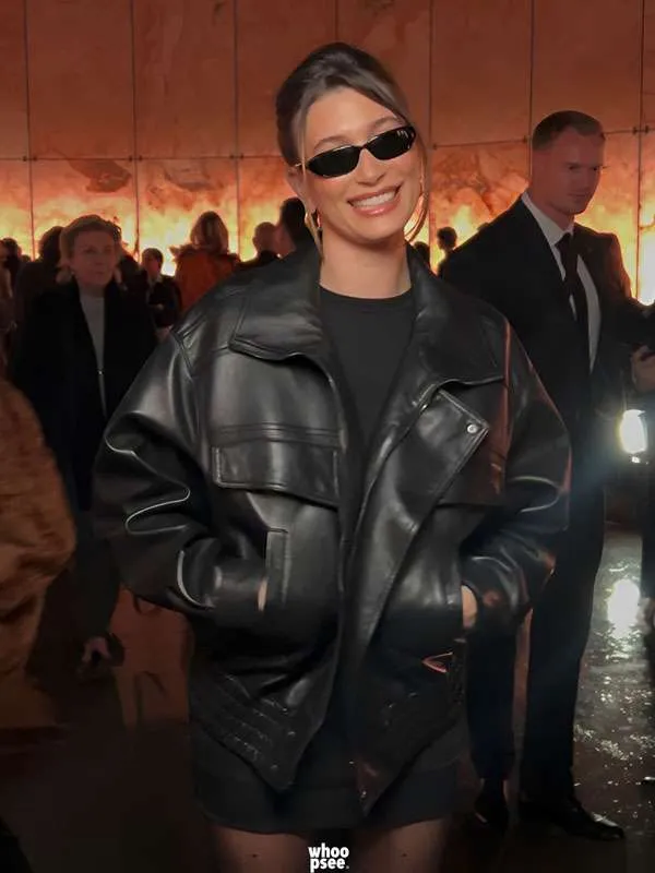 Hailey Bieber Paris Fashion Week Leather Jacket