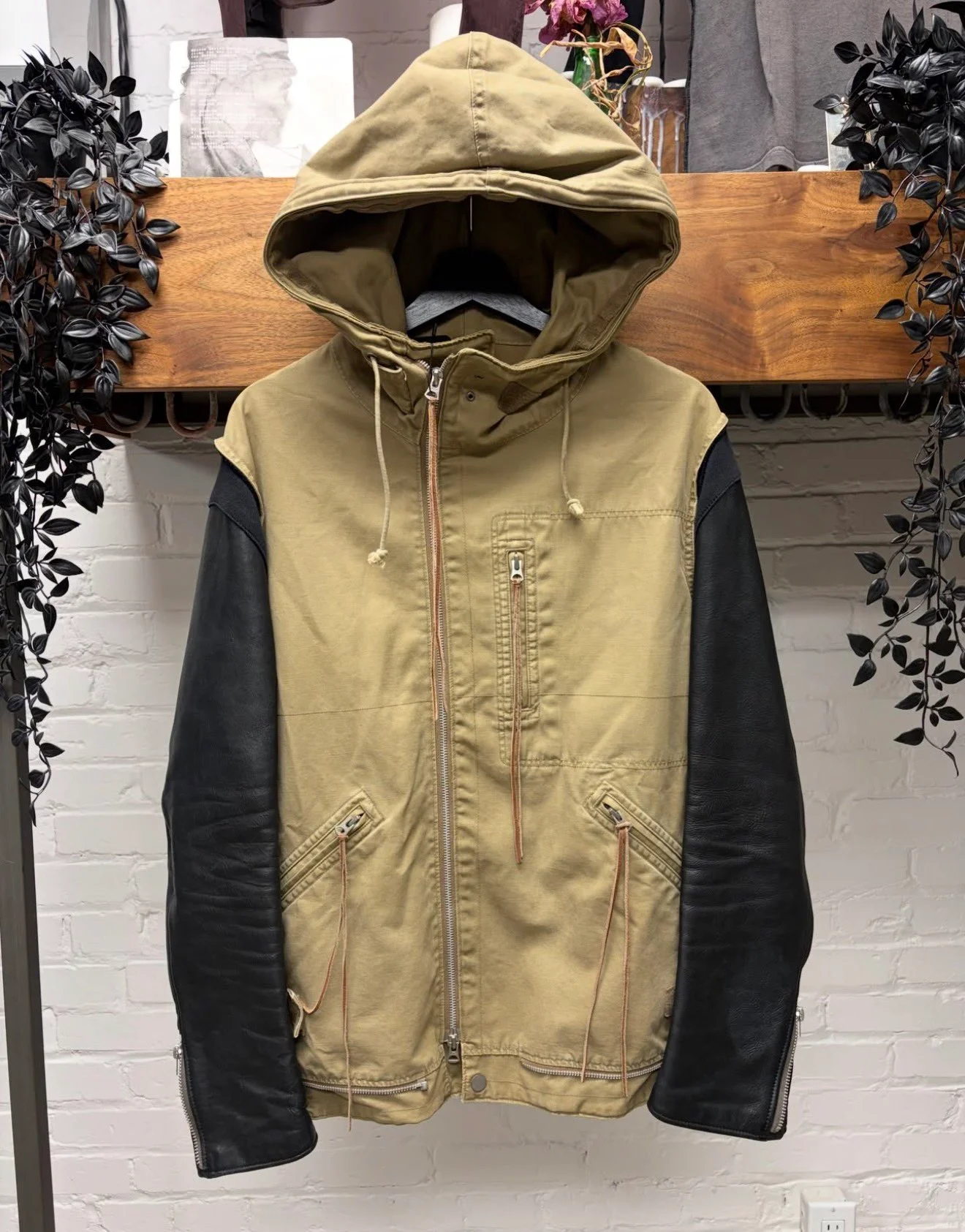 Hybrid Leather Sleeve Military Parka Jacket
