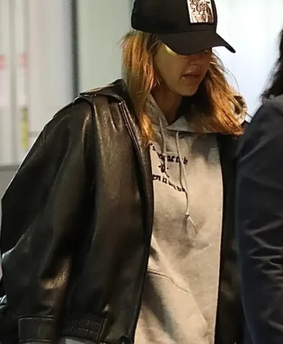 Jessica Alba LA Airport Oversized Black Leather Jacket