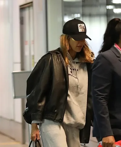 Jessica Alba LA Airport Oversized Black Leather Jacket
