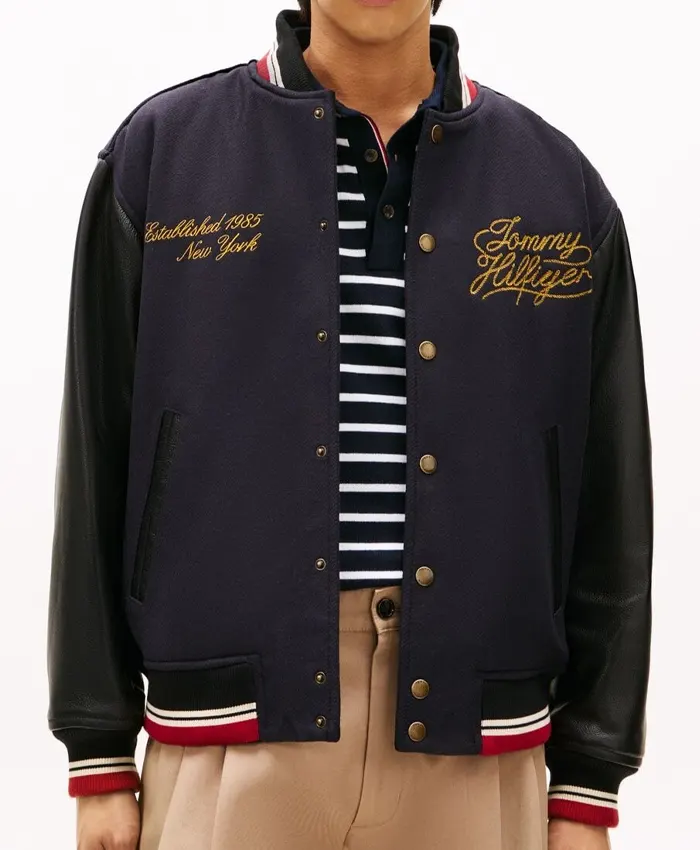 Jisoo Tommy Hilfiger Navy Wool Leather Varsity Jacket