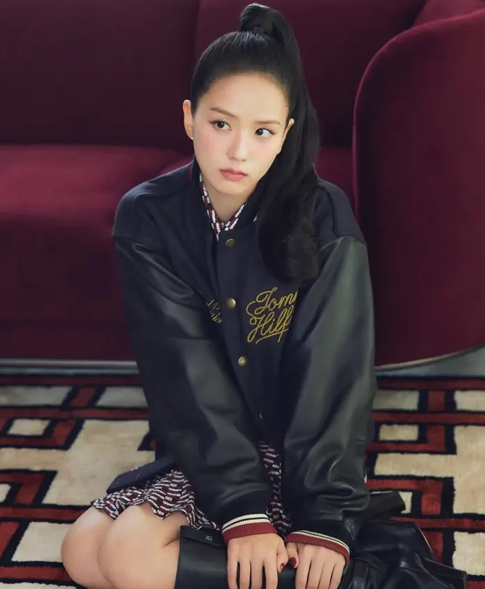 Jisoo Tommy Hilfiger Navy Wool Leather Varsity Jacket