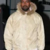 Kanye West Cream Satin Jacket Fur Hood
