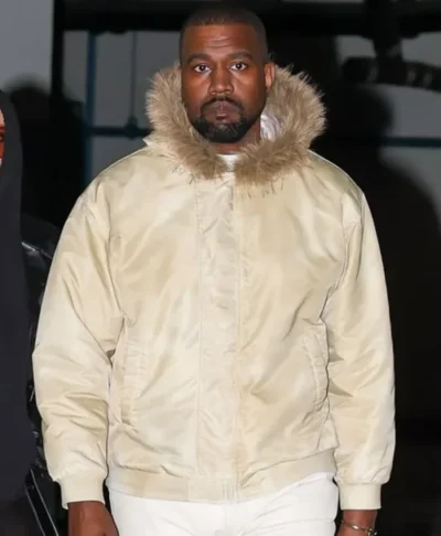 Kanye West Cream Satin Jacket Fur Hood
