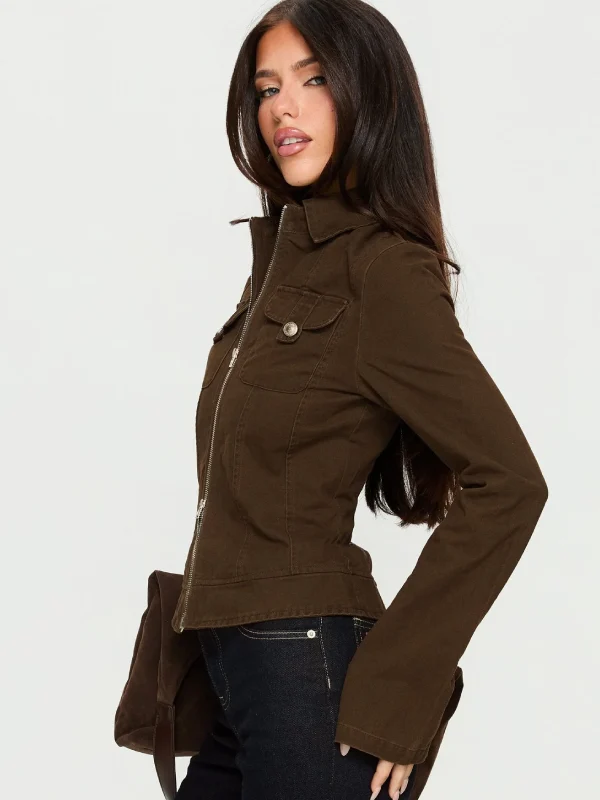 Kelehan Stonewashed Brown Cotton Zip Jacket