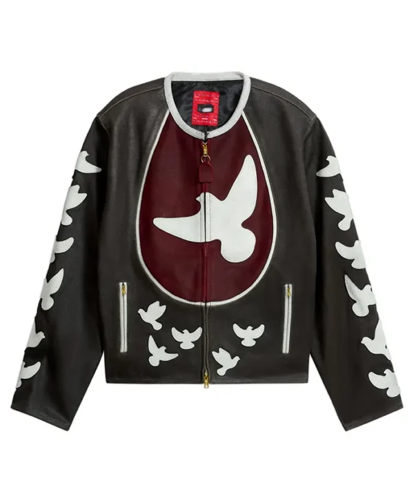 KidSuper Doves Distressed Black Leather Moto Jacket