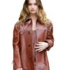 Lily James Fashion Week Brown Leather Jacket