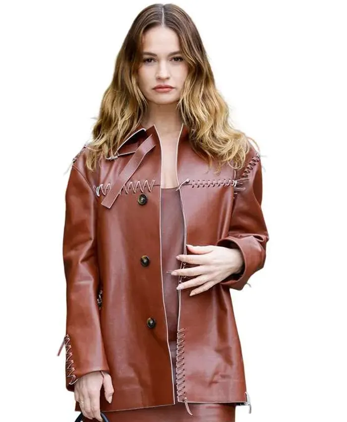 Lily James Fashion Week Brown Leather Jacket