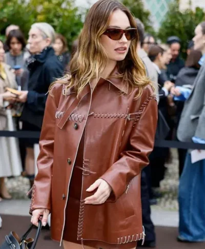 Lily James Fashion Week Brown Leather Jacket