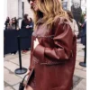 Lily James Fashion Week Brown Leather Jacket
