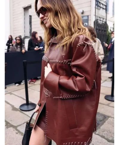Lily James Fashion Week Brown Leather Jacket
