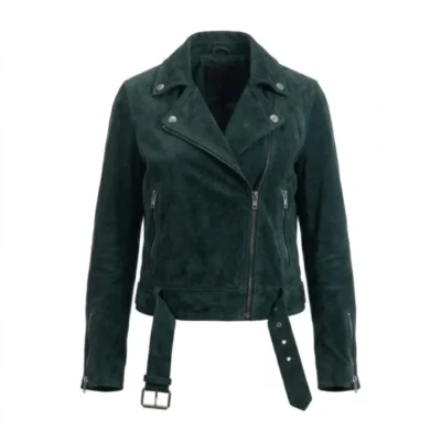 Luxury Dark Green Suede Leather Biker Jacket