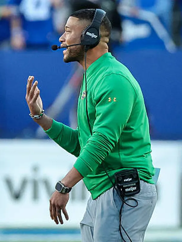 Marcus Freeman Notre Dame Navy Satin Bomber Jacket