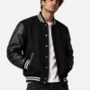 Men Black Wool Leather Varsity Jacket