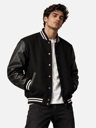 Men Black Wool Leather Varsity Jacket