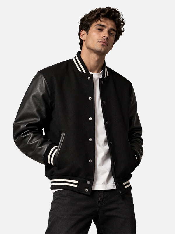Men Black Wool Leather Varsity Jacket