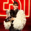 Order Lisa VMA 2026 Black Leather Jacket with Oversized White Faux Fur Sleeves
