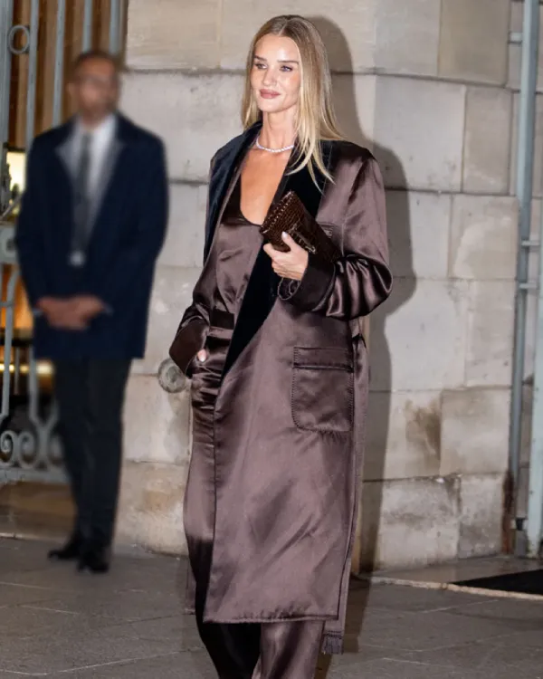 Paris Fashion Week Rosie Huntington Whiteley Satin Coat